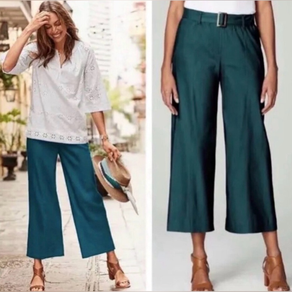 J. Jill Jenna Belted Full Leg Crop Linen Stretch Pants in Pacific Teal - Picture 3 of 10